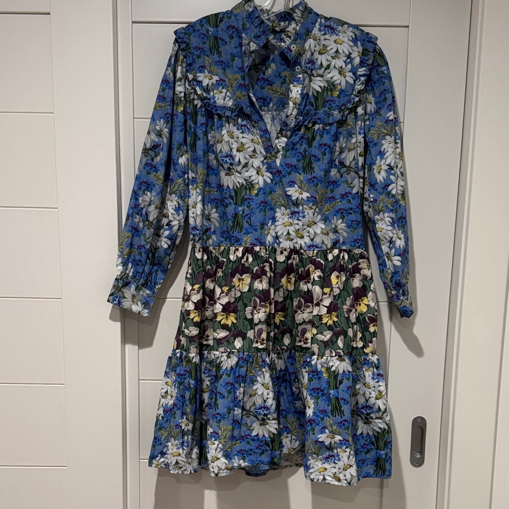 Batsheva Blue Floral Tiered Long-Sleeve Dress with Multi-Print Panel